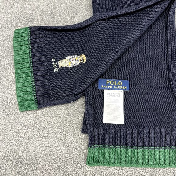 Polo Ralph Lauren Hat & Scarf Teddy Bear Navy Blue Green knit Cotton 8-20 Youth - Picture 8 of 15